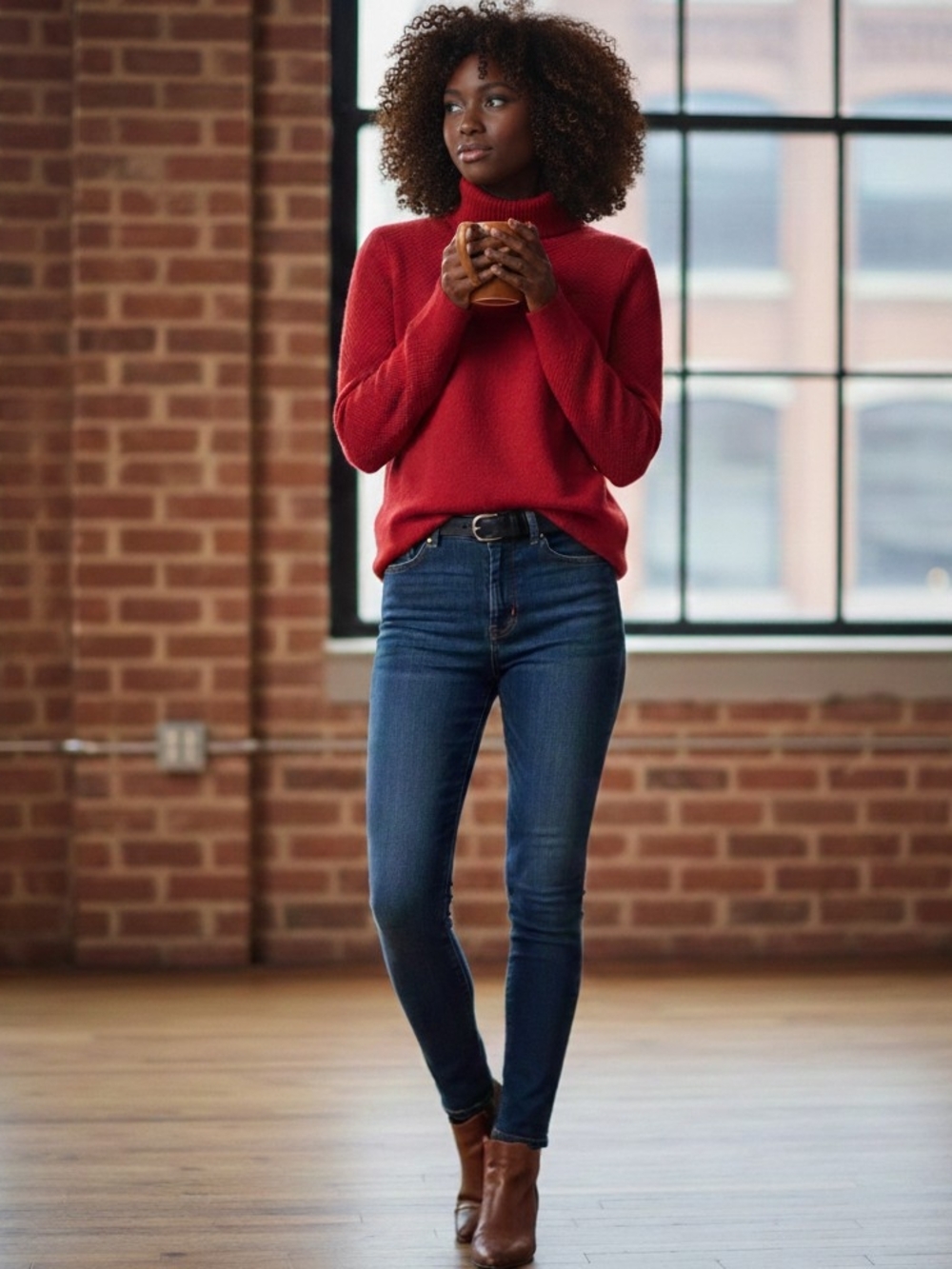 Nicole Miller 100% Cashmere Red Waffle Knit Turtleneck Old Money Luxe Chic Sz S